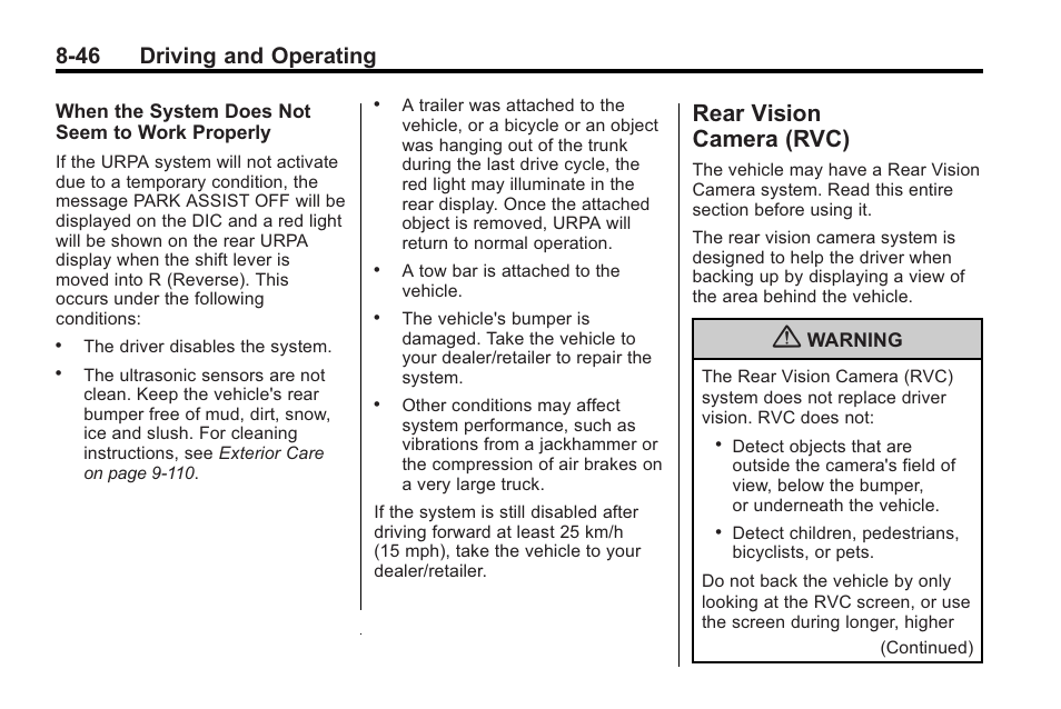 Rear vision camera (rvc), Rear vision, Camera (rvc) -46 | 46 driving and operating | Cadillac 2010 Cadillac CTS/CTS-V User Manual | Page 286 / 464