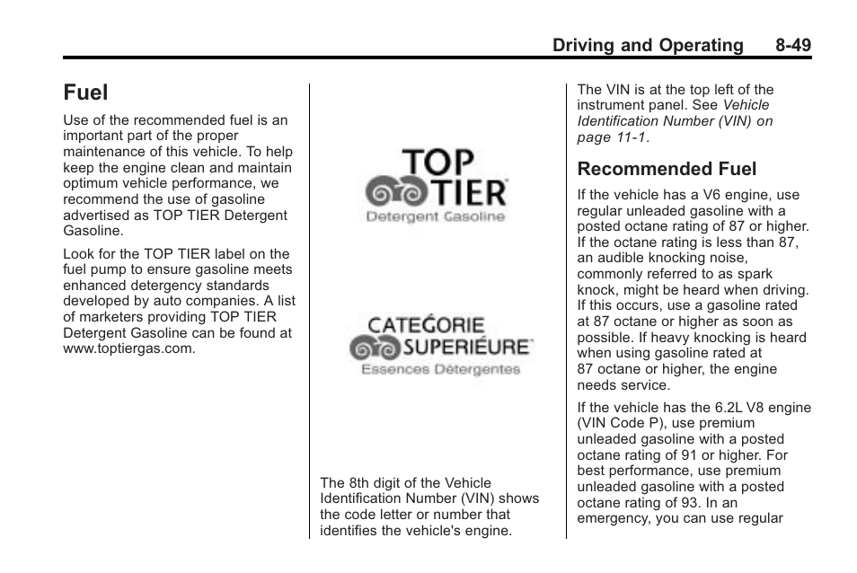 Fuel, Recommended fuel, Fuel -49 | Fuel -49 recommended fuel -49 | Cadillac 2010 Cadillac CTS/CTS-V User Manual | Page 289 / 464