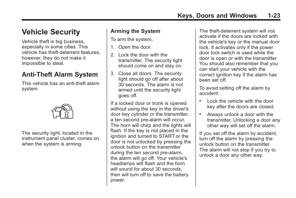 Vehicle security, Anti-theft alarm system, Vehicle security -23 | Warning lights, Vehicle security -23 anti-theft alarm system -23, Sunroof, Keys, doors and windows 1-23 | Cadillac 2010 Cadillac CTS/CTS-V User Manual | Page 29 / 464