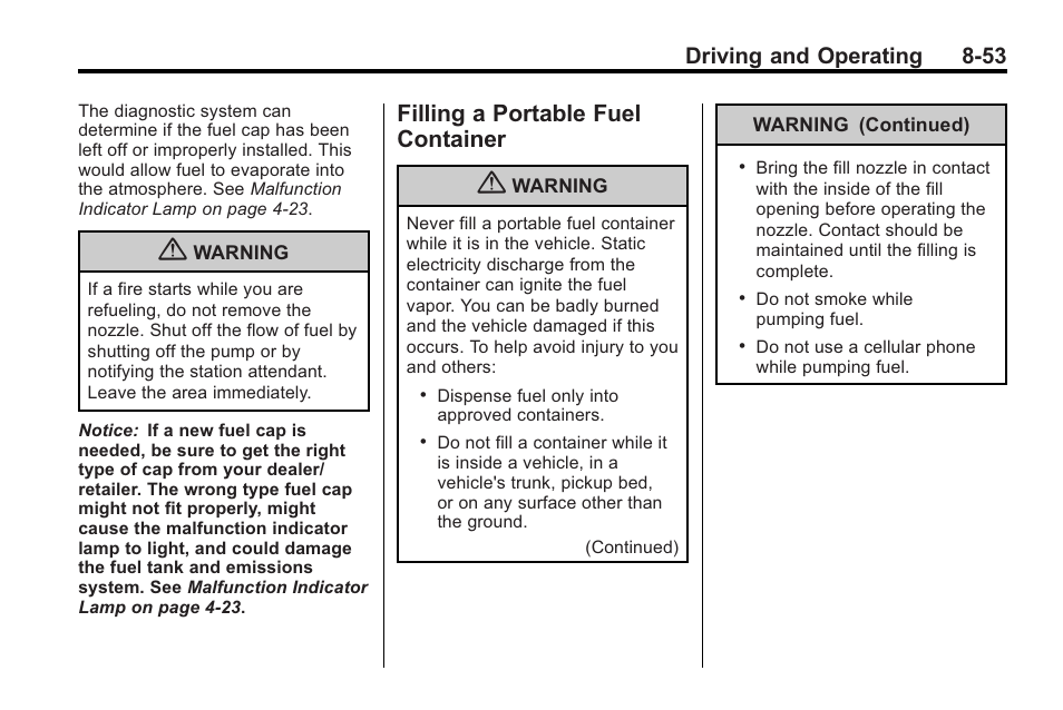 Filling a portable fuel container, Filling a portable fuel, Container -53 | Driving and operating 8-53 | Cadillac 2010 Cadillac CTS/CTS-V User Manual | Page 293 / 464