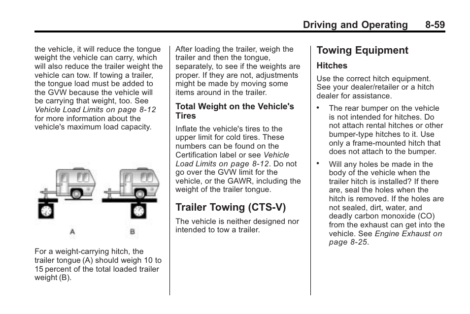 Trailer towing (cts-v), Towing equipment, Trailer towing (cts-v) -59 towing equipment -59 | Cruise, Driving and operating 8-59 | Cadillac 2010 Cadillac CTS/CTS-V User Manual | Page 299 / 464