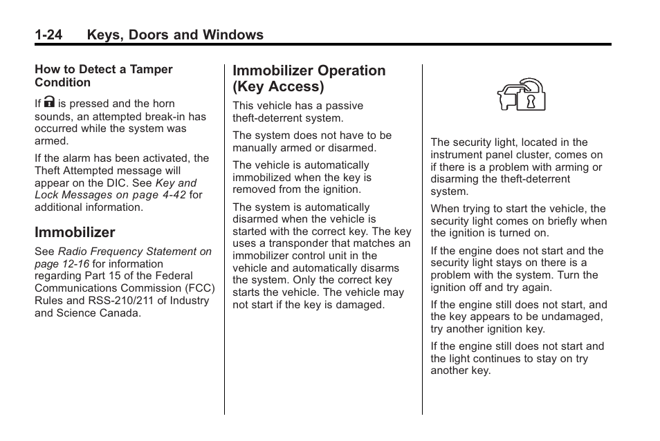 Immobilizer, Immobilizer operation (key access), Immobilizer -24 immobilizer operation | Key access) -24, 24 keys, doors and windows | Cadillac 2010 Cadillac CTS/CTS-V User Manual | Page 30 / 464