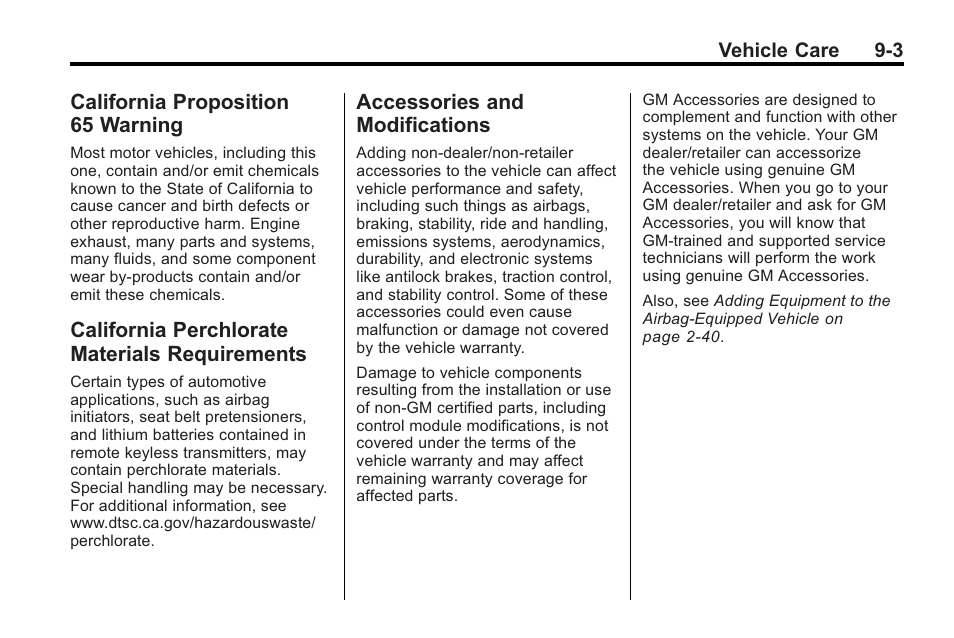 California proposition 65 warning, California perchlorate materials requirements, Accessories and modifications | California proposition, 65 warning -3, California perchlorate materials, Requirements -3, Accessories and, Modifications -3 | Cadillac 2010 Cadillac CTS/CTS-V User Manual | Page 303 / 464