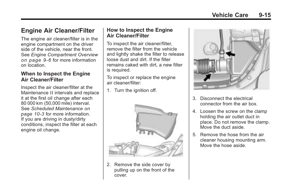 Engine air cleaner/filter, Engine air cleaner/filter -15, Bulb | Engine air cleaner/filter on, Vehicle care 9-15 | Cadillac 2010 Cadillac CTS/CTS-V User Manual | Page 315 / 464