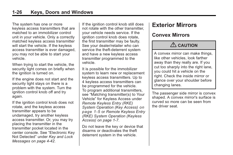 Exterior mirrors, Convex mirrors, Exterior mirrors -26 | Indicators, Convex mirrors -26 | Cadillac 2010 Cadillac CTS/CTS-V User Manual | Page 32 / 464