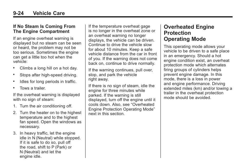 Overheated engine protection operating mode, Overheated engine protection, Operating mode -24 | 24 vehicle care | Cadillac 2010 Cadillac CTS/CTS-V User Manual | Page 324 / 464