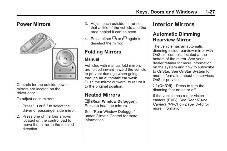 Power mirrors, Folding mirrors, Heated mirrors | Interior mirrors, Automatic dimming rearview mirror, Interior mirrors -27, Information, Mirrors -27 folding mirrors -27 heated mirrors -27, Automatic dimming rearview, Mirror -27 | Cadillac 2010 Cadillac CTS/CTS-V User Manual | Page 33 / 464