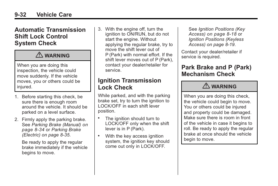 Ignition transmission lock check, Park brake and p (park) mechanism check, Automatic transmission shift | Lock control system check -32, Transmission lock, Brake and p (park), Mechanism check -32 | Cadillac 2010 Cadillac CTS/CTS-V User Manual | Page 332 / 464