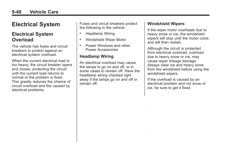 Electrical system, Electrical system overload, Electrical system -40 | Customer information, System, Overload -40, 40 vehicle care | Cadillac 2010 Cadillac CTS/CTS-V User Manual | Page 340 / 464