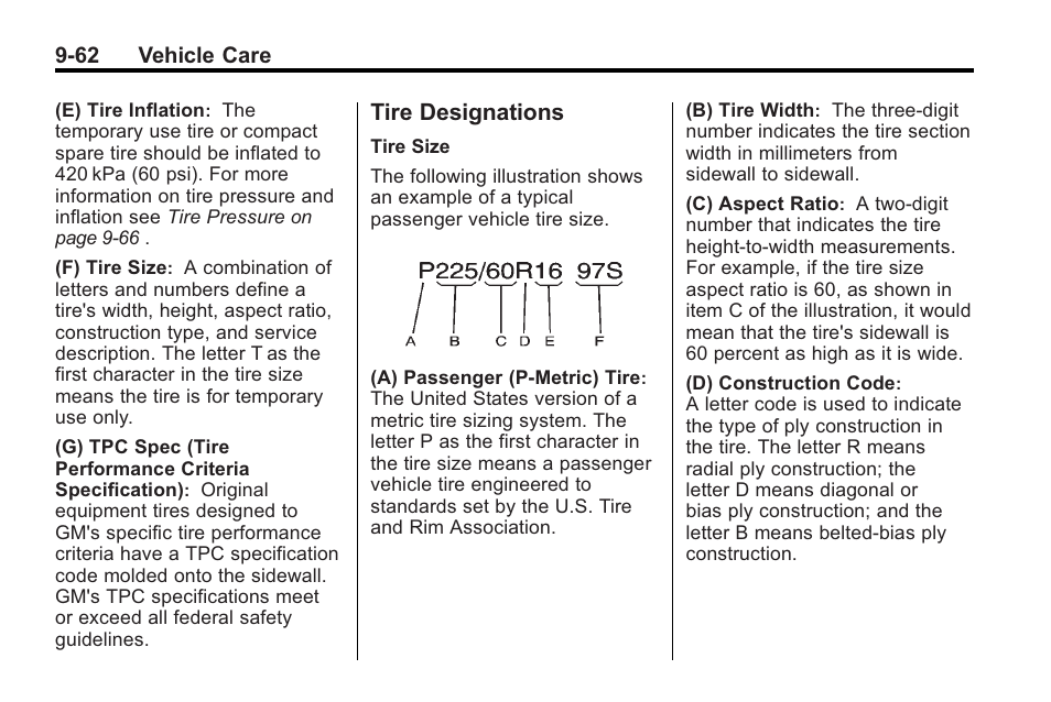 Tire designations, Tire designations -62 | Cadillac 2010 Cadillac CTS/CTS-V User Manual | Page 362 / 464