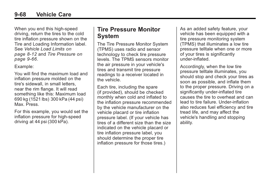 Tire pressure monitor system, Tire pressure monitor, System -68 | 68 vehicle care | Cadillac 2010 Cadillac CTS/CTS-V User Manual | Page 368 / 464