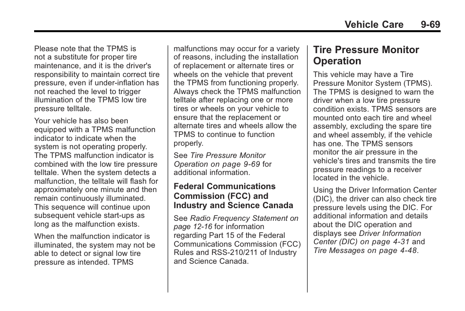 Tire pressure monitor operation, Tire pressure monitor, Operation -69 | Jump, Vehicle care 9-69 | Cadillac 2010 Cadillac CTS/CTS-V User Manual | Page 369 / 464