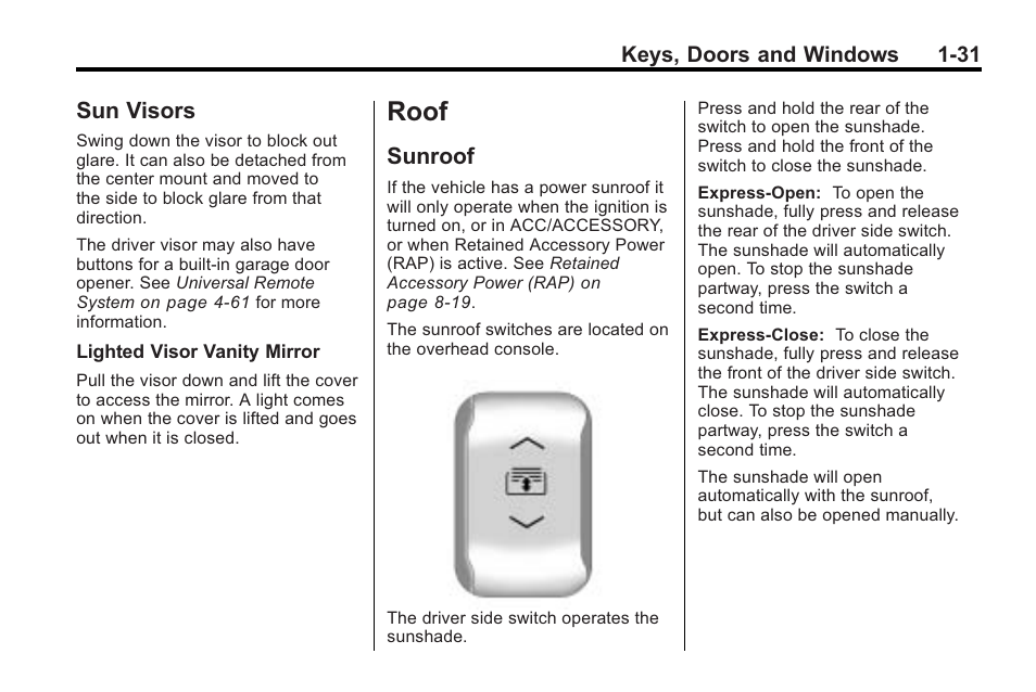 Sun visors, Roof, Sunroof | Roof -31, Vehicle, Sun visors -31 | Cadillac 2010 Cadillac CTS/CTS-V User Manual | Page 37 / 464