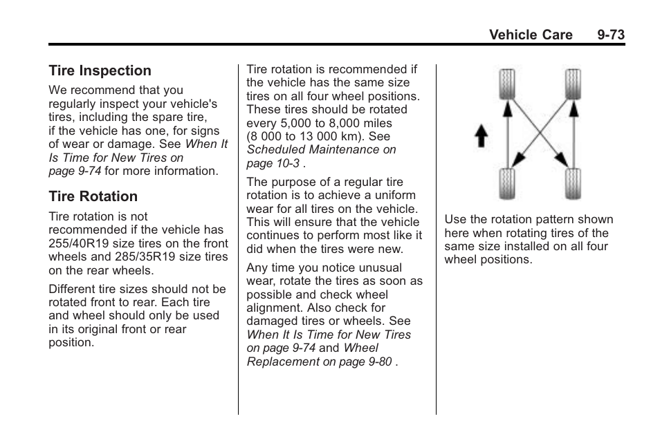 Tire inspection, Tire rotation, Tire inspection -73 tire rotation -73 | Cadillac 2010 Cadillac CTS/CTS-V User Manual | Page 373 / 464