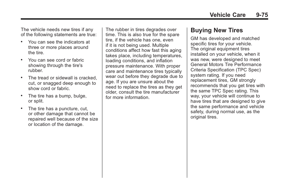 Buying new tires, Buying new tires -75, Vehicle care 9-75 | Cadillac 2010 Cadillac CTS/CTS-V User Manual | Page 375 / 464