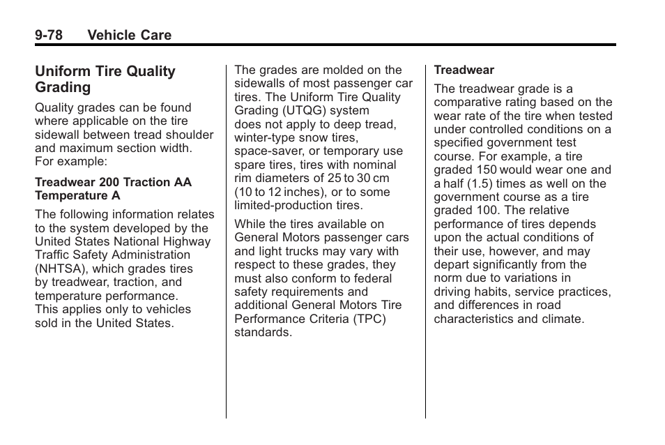 Uniform tire quality grading, Uniform tire quality, Grading -78 | Interior | Cadillac 2010 Cadillac CTS/CTS-V User Manual | Page 378 / 464
