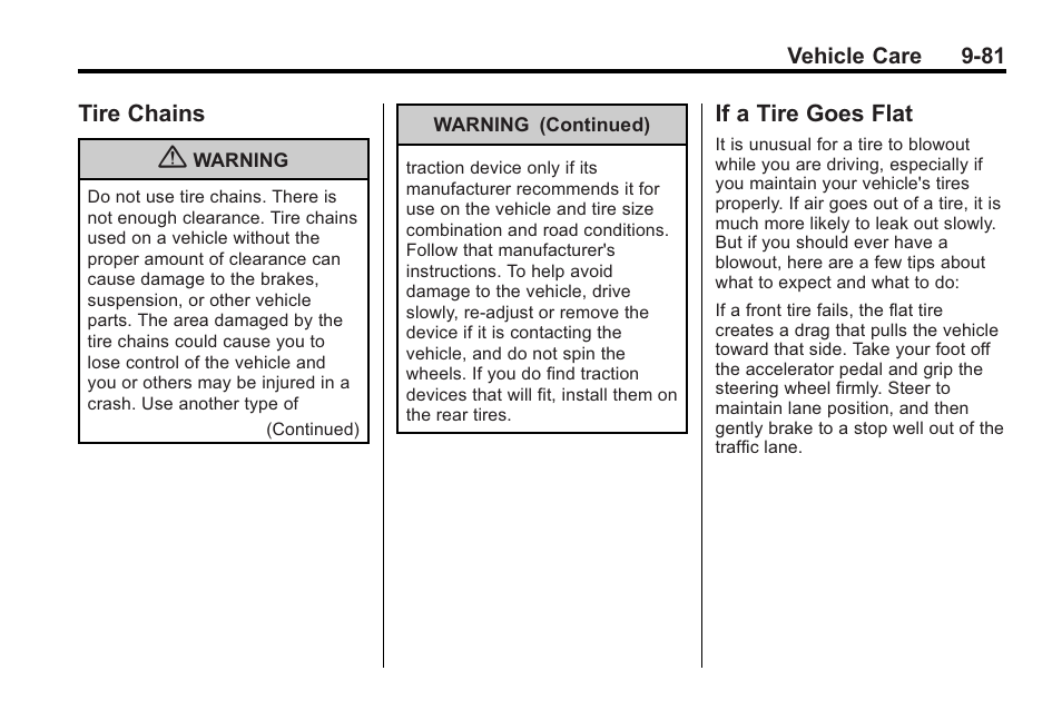 Tire chains, If a tire goes flat, Tire chains -81 if a tire goes flat -81 | Cadillac 2010 Cadillac CTS/CTS-V User Manual | Page 381 / 464