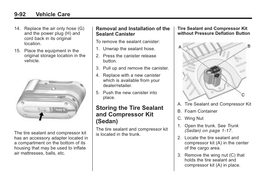 Storing the tire sealant and, Compressor kit (sedan) -92, 92 vehicle care | Cadillac 2010 Cadillac CTS/CTS-V User Manual | Page 392 / 464