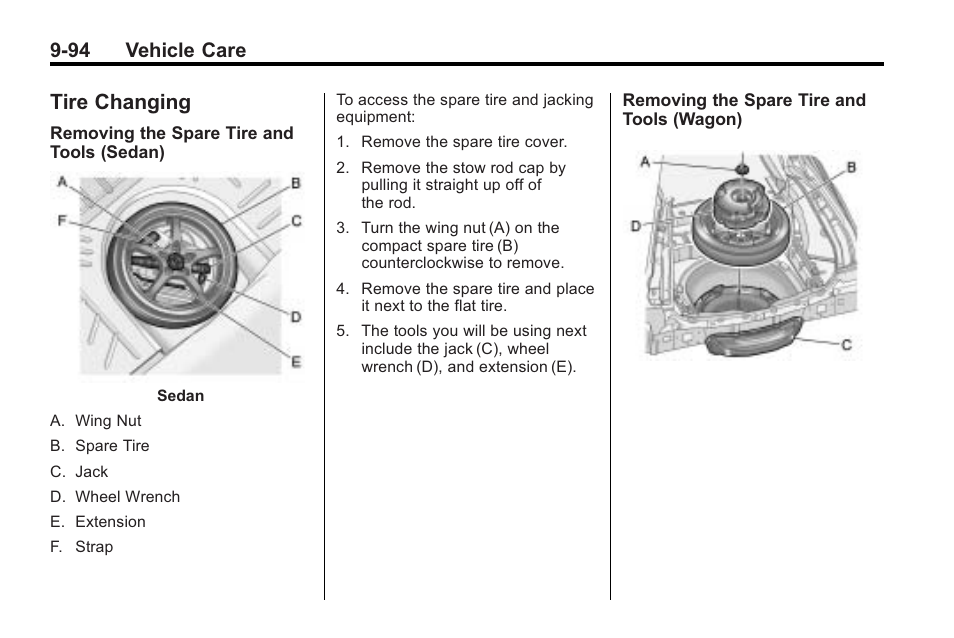 Tire changing, Tire changing -94, 94 vehicle care | Cadillac 2010 Cadillac CTS/CTS-V User Manual | Page 394 / 464