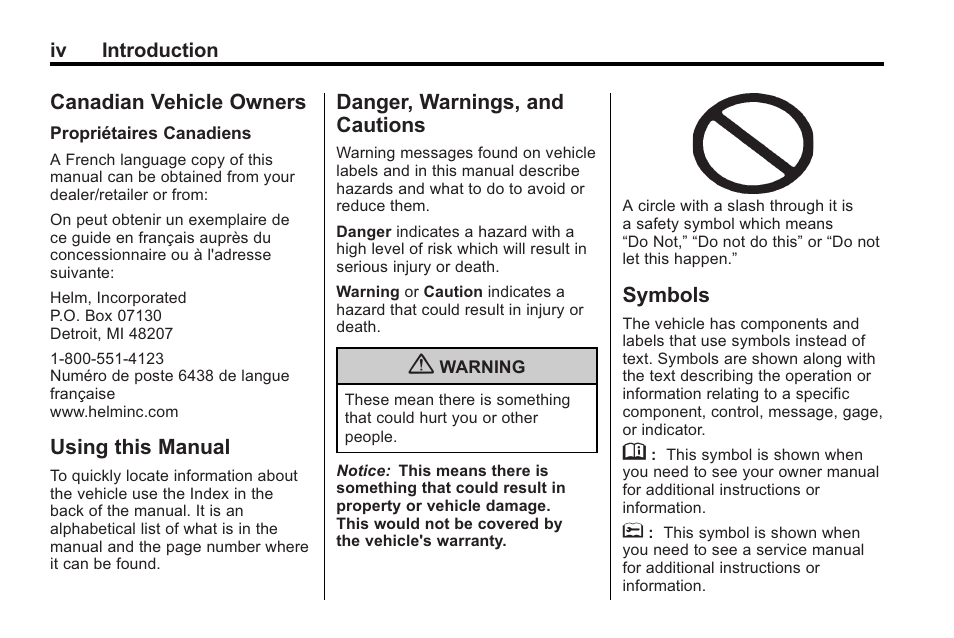 Canadian vehicle owners, Using this manual, Danger, warnings, and cautions | Symbols | Cadillac 2010 Cadillac CTS/CTS-V User Manual | Page 4 / 464