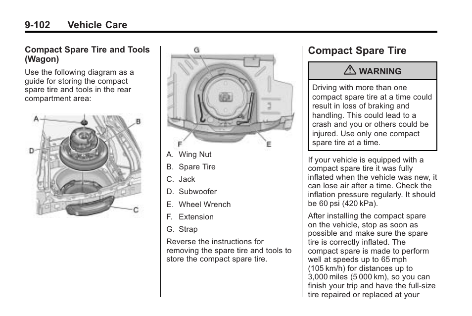 Compact spare tire, Compact spare tire -102 | Cadillac 2010 Cadillac CTS/CTS-V User Manual | Page 402 / 464