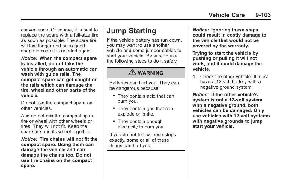 Jump starting, Jump starting -103, Vehicle care 9-103 | Cadillac 2010 Cadillac CTS/CTS-V User Manual | Page 403 / 464