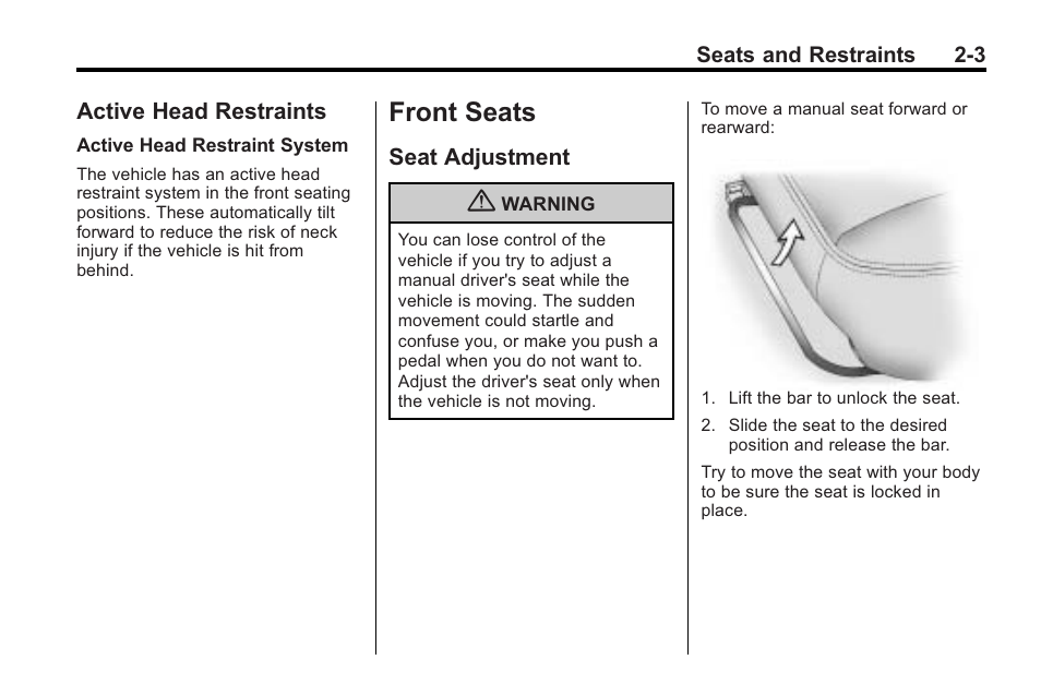 Active head restraints, Front seats, Seat adjustment | Front seats -3, Lighting, Active head restraints -3, Seat adjustment -3 | Cadillac 2010 Cadillac CTS/CTS-V User Manual | Page 41 / 464
