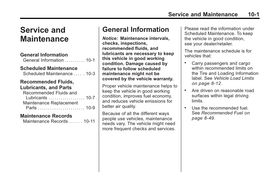 Service and maintenance, General information, Service and maintenance -1 | General information -1, Service and maintenance 10-1 | Cadillac 2010 Cadillac CTS/CTS-V User Manual | Page 419 / 464