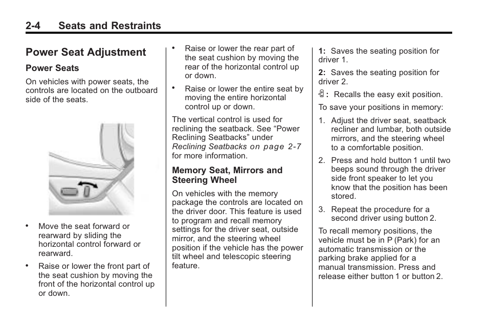 Power seat adjustment, Power seat adjustment -4, What | 4 seats and restraints | Cadillac 2010 Cadillac CTS/CTS-V User Manual | Page 42 / 464