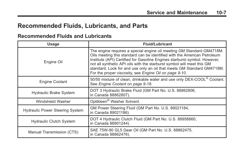 Recommended fluids, lubricants, and parts, Recommended fluids and lubricants, Recommended fluids | Lubricants, and parts -7, Recommended fluids and, Lubricants -7, Service and maintenance 10-7 | Cadillac 2010 Cadillac CTS/CTS-V User Manual | Page 425 / 464
