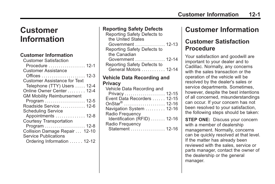 Customer information, Customer satisfaction procedure, Customer information 12-1 | Cadillac 2010 Cadillac CTS/CTS-V User Manual | Page 437 / 464