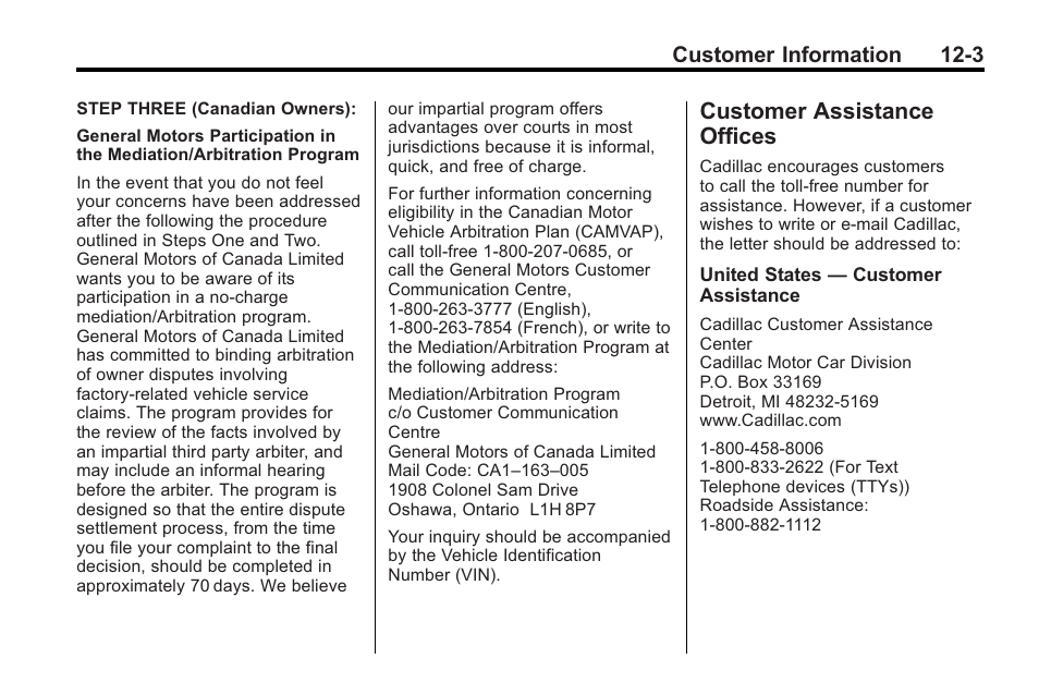 Customer assistance offices, Customer assistance, Offices -3 | Vehicle, Customer information 12-3 | Cadillac 2010 Cadillac CTS/CTS-V User Manual | Page 439 / 464