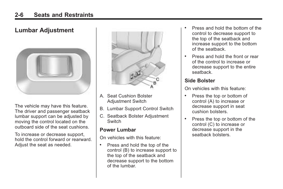Lumbar adjustment, Lumbar adjustment -6, 6 seats and restraints | Cadillac 2010 Cadillac CTS/CTS-V User Manual | Page 44 / 464