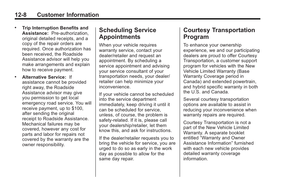 Scheduling service appointments, Courtesy transportation program, Scheduling service | Appointments -8, Courtesy transportation, Program -8, 8 customer information | Cadillac 2010 Cadillac CTS/CTS-V User Manual | Page 444 / 464