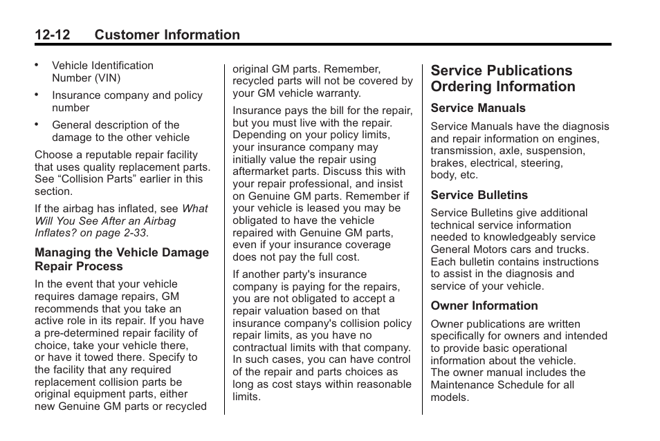 Service publications ordering information, Service publications, Ordering information -12 | 12 customer information | Cadillac 2010 Cadillac CTS/CTS-V User Manual | Page 448 / 464
