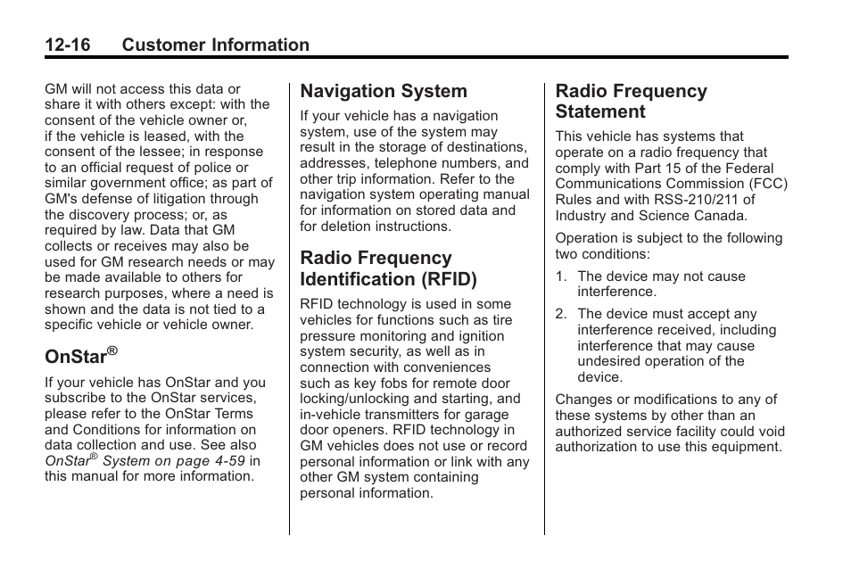Onstar, Navigation system, Radio frequency identification (rfid) | Radio frequency statement, Navigation system -16 radio frequency, Identification (rfid) -16, Radio frequency, 16 customer information | Cadillac 2010 Cadillac CTS/CTS-V User Manual | Page 452 / 464