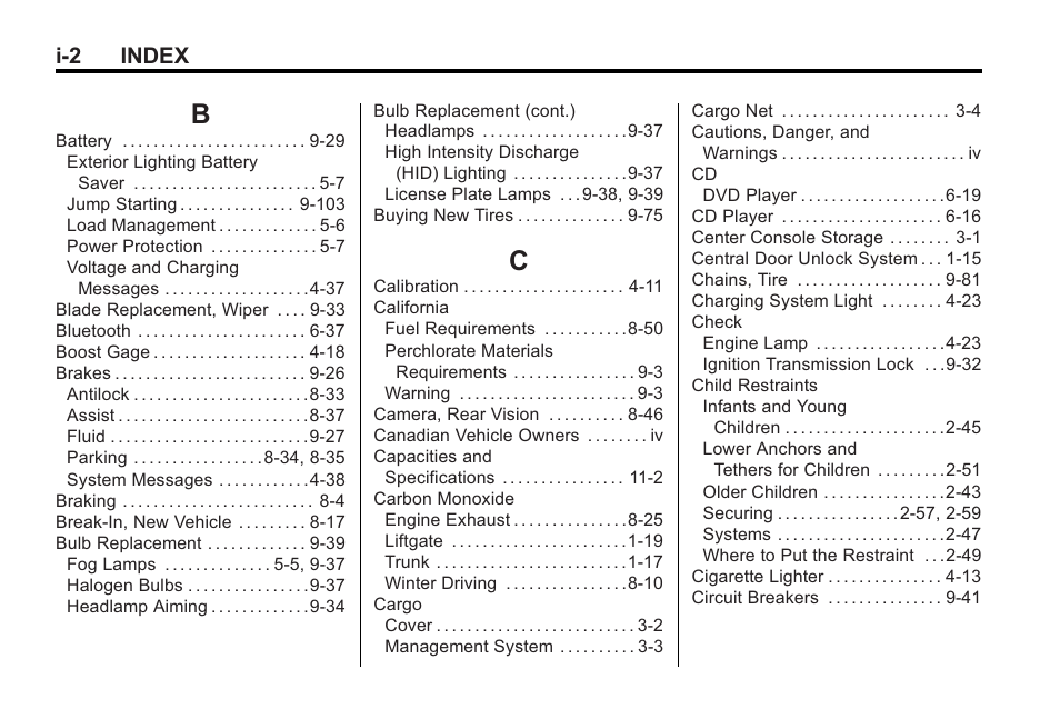 Index_b, Index_c, I-2 index | Cadillac 2010 Cadillac CTS/CTS-V User Manual | Page 454 / 464