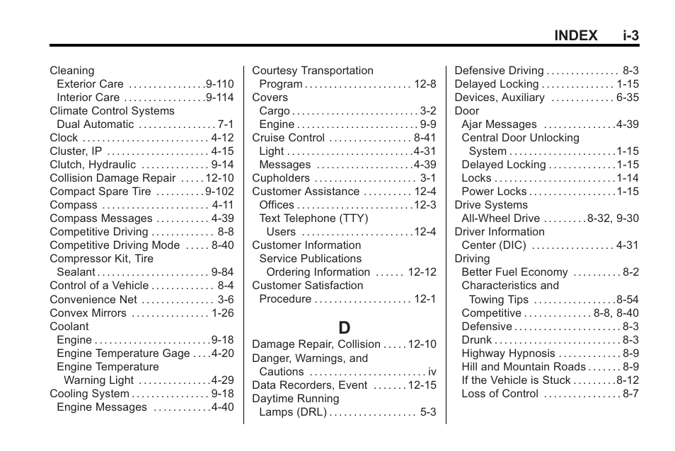 Index_d, Index i-3 | Cadillac 2010 Cadillac CTS/CTS-V User Manual | Page 455 / 464