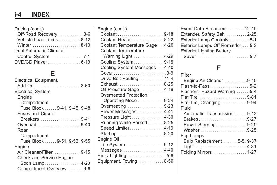 Index_e, Index_f, I-4 index | Cadillac 2010 Cadillac CTS/CTS-V User Manual | Page 456 / 464