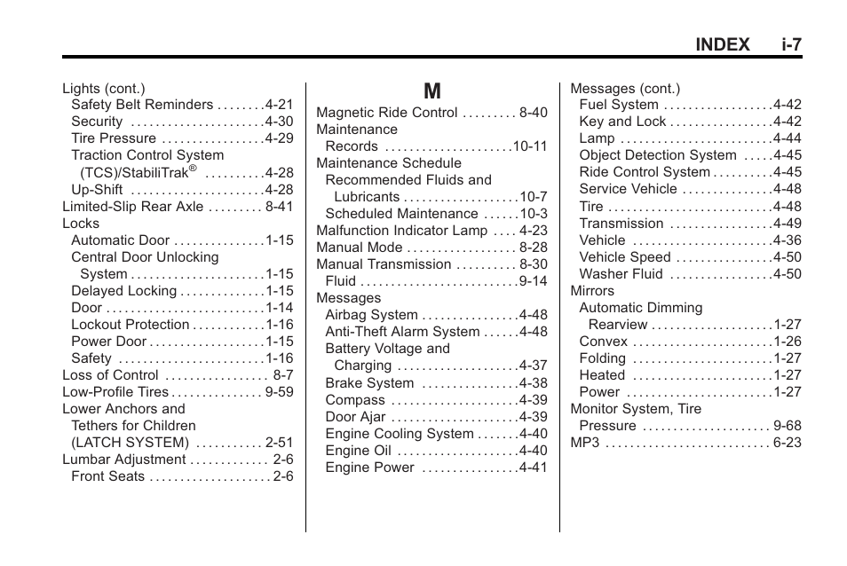 Index_m, Index i-7 | Cadillac 2010 Cadillac CTS/CTS-V User Manual | Page 459 / 464