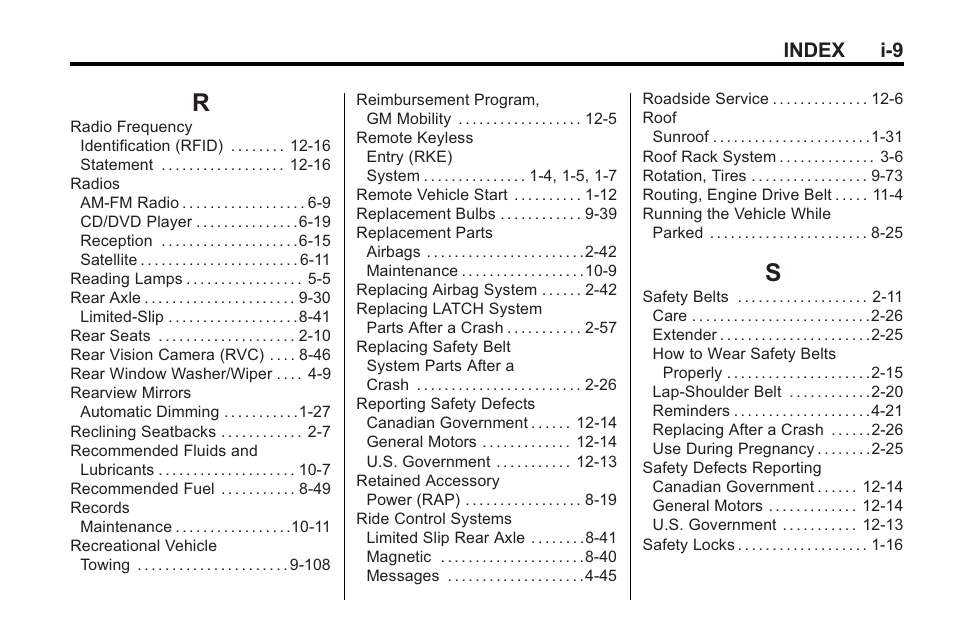 Index_r, Index_s, Index i-9 | Cadillac 2010 Cadillac CTS/CTS-V User Manual | Page 461 / 464