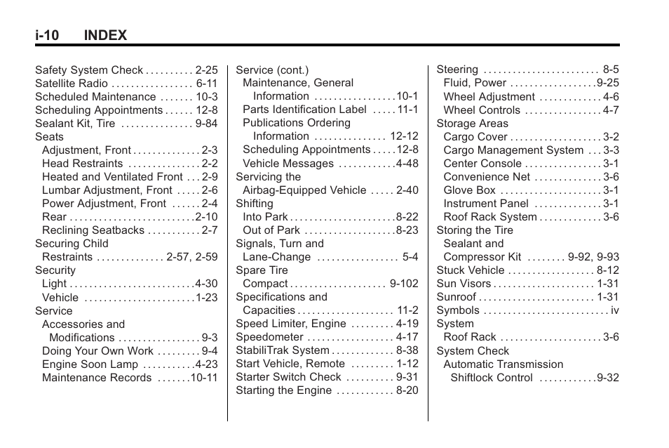 I-10 index | Cadillac 2010 Cadillac CTS/CTS-V User Manual | Page 462 / 464