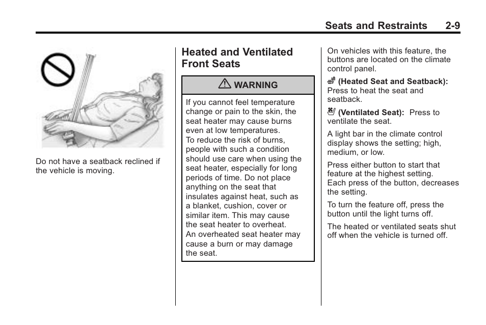 Heated and ventilated front seats, Heated and ventilated front, Seats -9 | Cadillac 2010 Cadillac CTS/CTS-V User Manual | Page 47 / 464