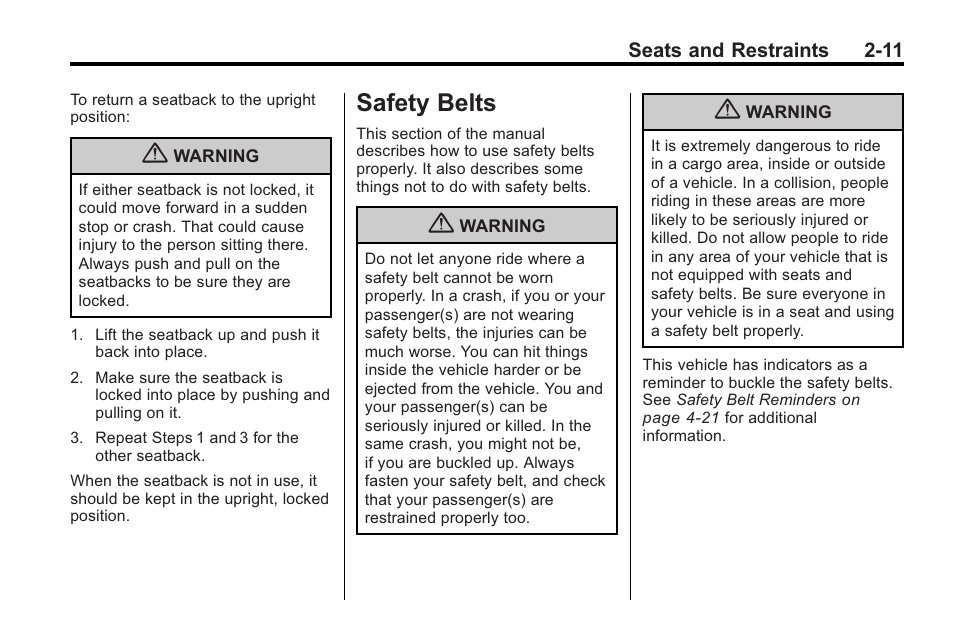 Safety belts, Safety belts -11, Interior lighting | Cadillac 2010 Cadillac CTS/CTS-V User Manual | Page 49 / 464