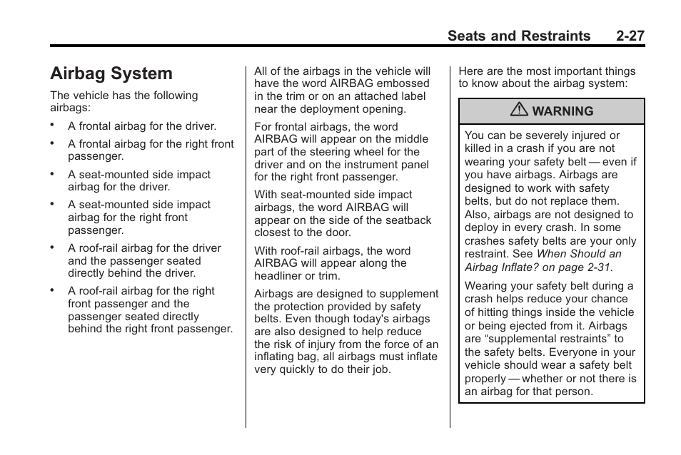 Airbag system, Airbag system -27, Lighting features | Seats and restraints 2-27 | Cadillac 2010 Cadillac CTS/CTS-V User Manual | Page 65 / 464