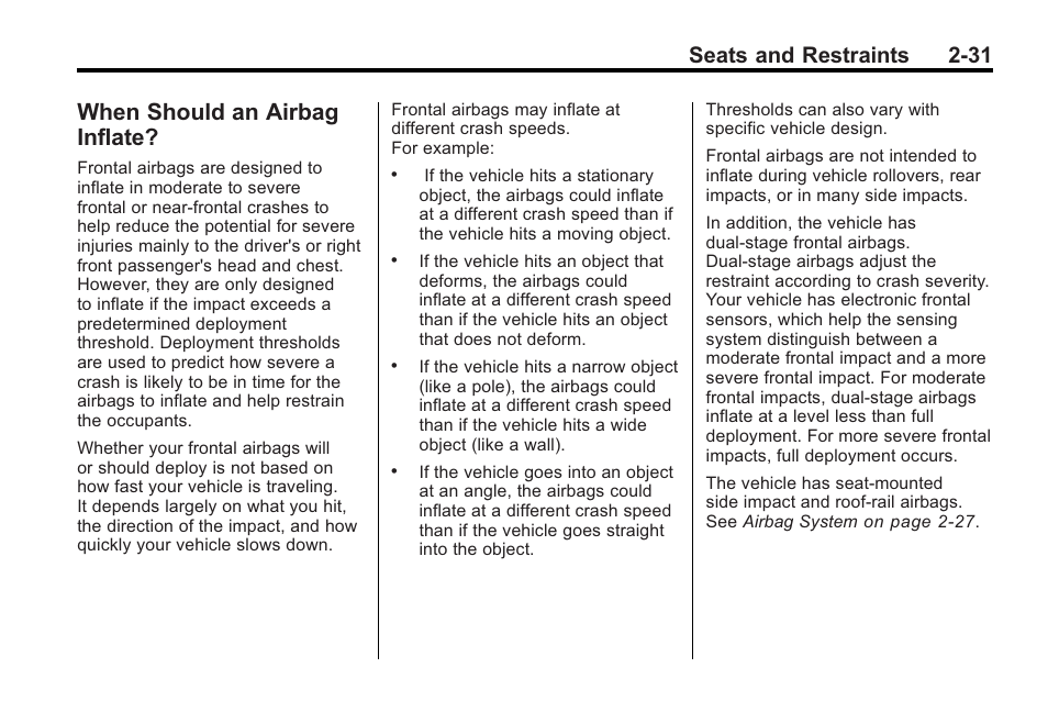 When should an airbag inflate, When should an airbag, Inflate? -31 | Seats and restraints 2-31 | Cadillac 2010 Cadillac CTS/CTS-V User Manual | Page 69 / 464