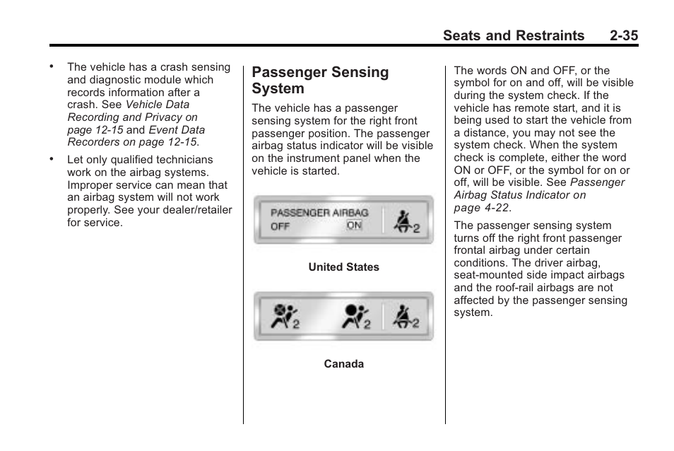 Passenger sensing system, Passenger sensing, System -35 | Seats and restraints 2-35 | Cadillac 2010 Cadillac CTS/CTS-V User Manual | Page 73 / 464