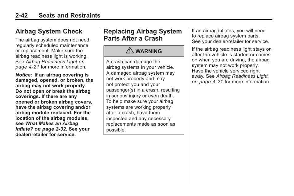 Airbag system check, Replacing airbag system parts after a crash, Airbag system check -42 replacing airbag system | After a crash -42 | Cadillac 2010 Cadillac CTS/CTS-V User Manual | Page 80 / 464