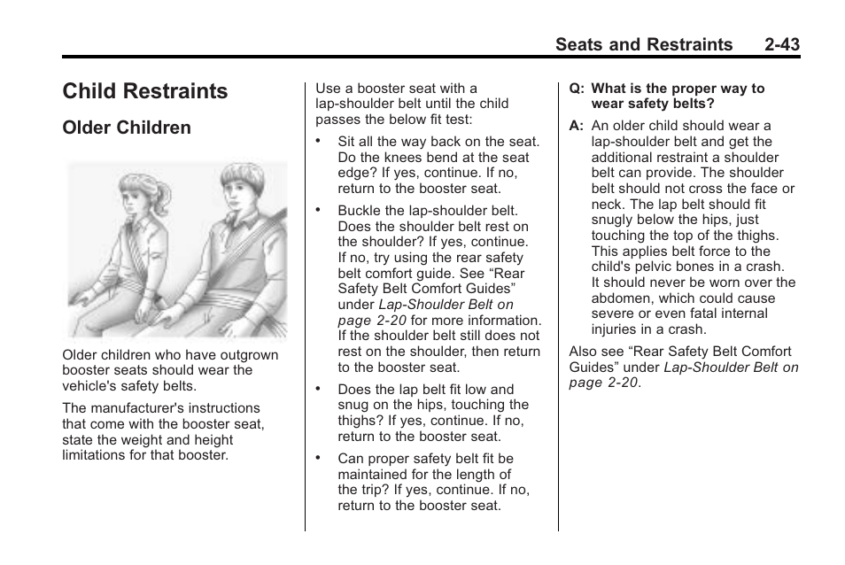 Child restraints, Older children, Child restraints -43 | Older children -43, Seats and restraints 2-43 | Cadillac 2010 Cadillac CTS/CTS-V User Manual | Page 81 / 464