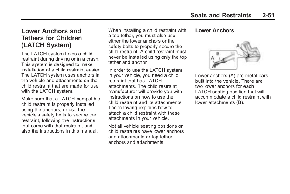Lower anchors and tethers, For children (latch system) -51 | Cadillac 2010 Cadillac CTS/CTS-V User Manual | Page 89 / 464